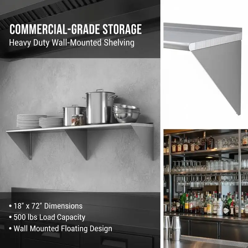 

Wall Mounted Floating Ledge 18" x 72" For Restaurant Kitchen Hotel, 500 lbs Load Capacity Heavy Duty Storage Rack Brackets Included Professional Grade Organizational Tool Heavy Gauge Metal Construction