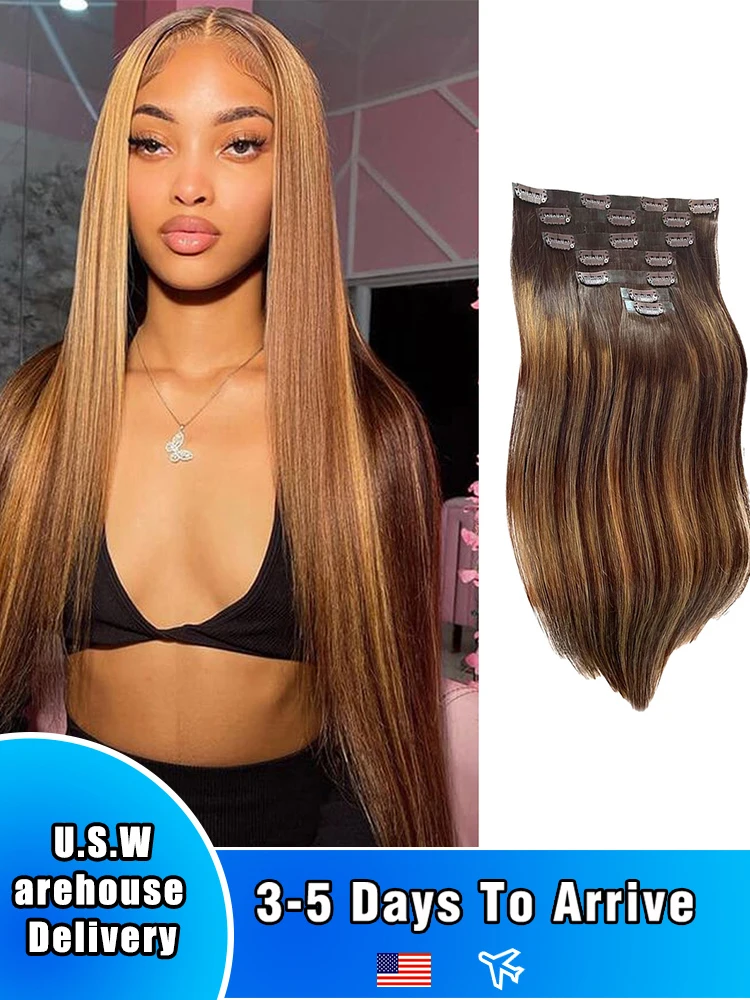 

20 24-дюймовая подсветка # 4/27 зажимы для наращивания человеческих волос, прямые волосы для наращивания, человеческие волосы, 100% бразильские зажимы для женщин ﻿