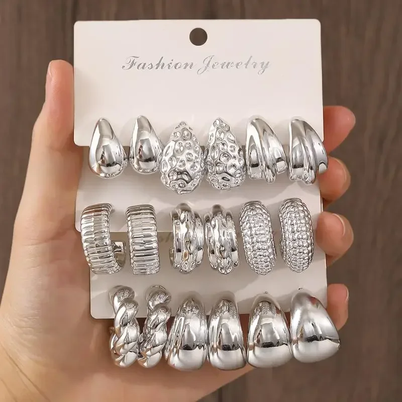 3/9Pairs أنيقة قطرة الماء C على شكل هوب أقراط غير النظامية شخصية أقراط تنوعا المرأة اليومية مجوهرات الحفلات هدية