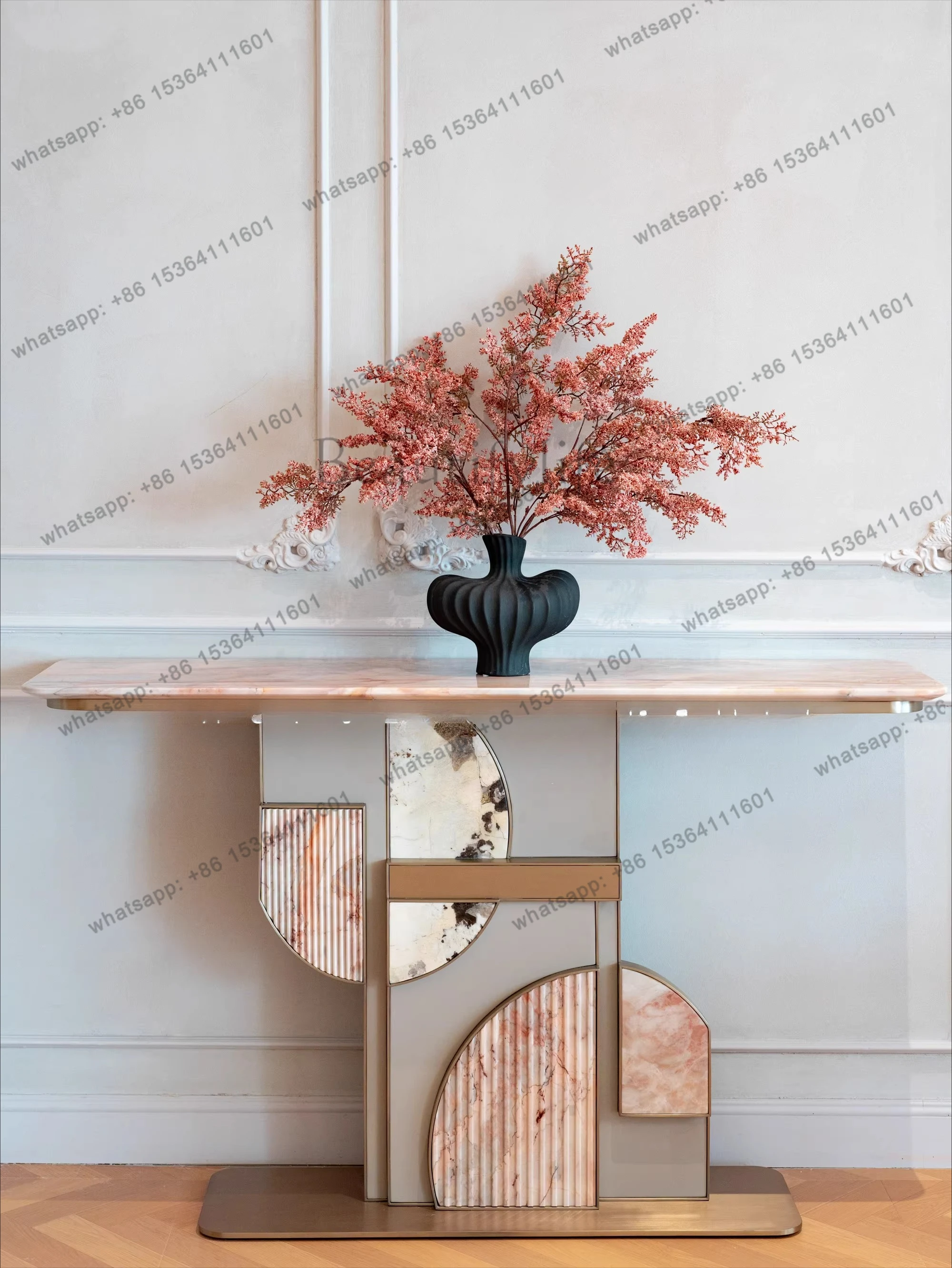 Four Seasons Pink Natural Marble Entrance Table Against the Wall Light Luxury French Style