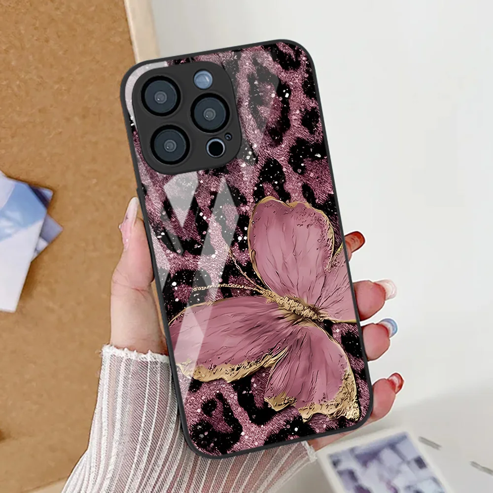 Butterfly Leopard Print Phone Case For iPhone 17 16 14 13 11 12 15 Pro Max Air 16E 8 7 Plus XR SE Tempered Glass Silicone Cover 