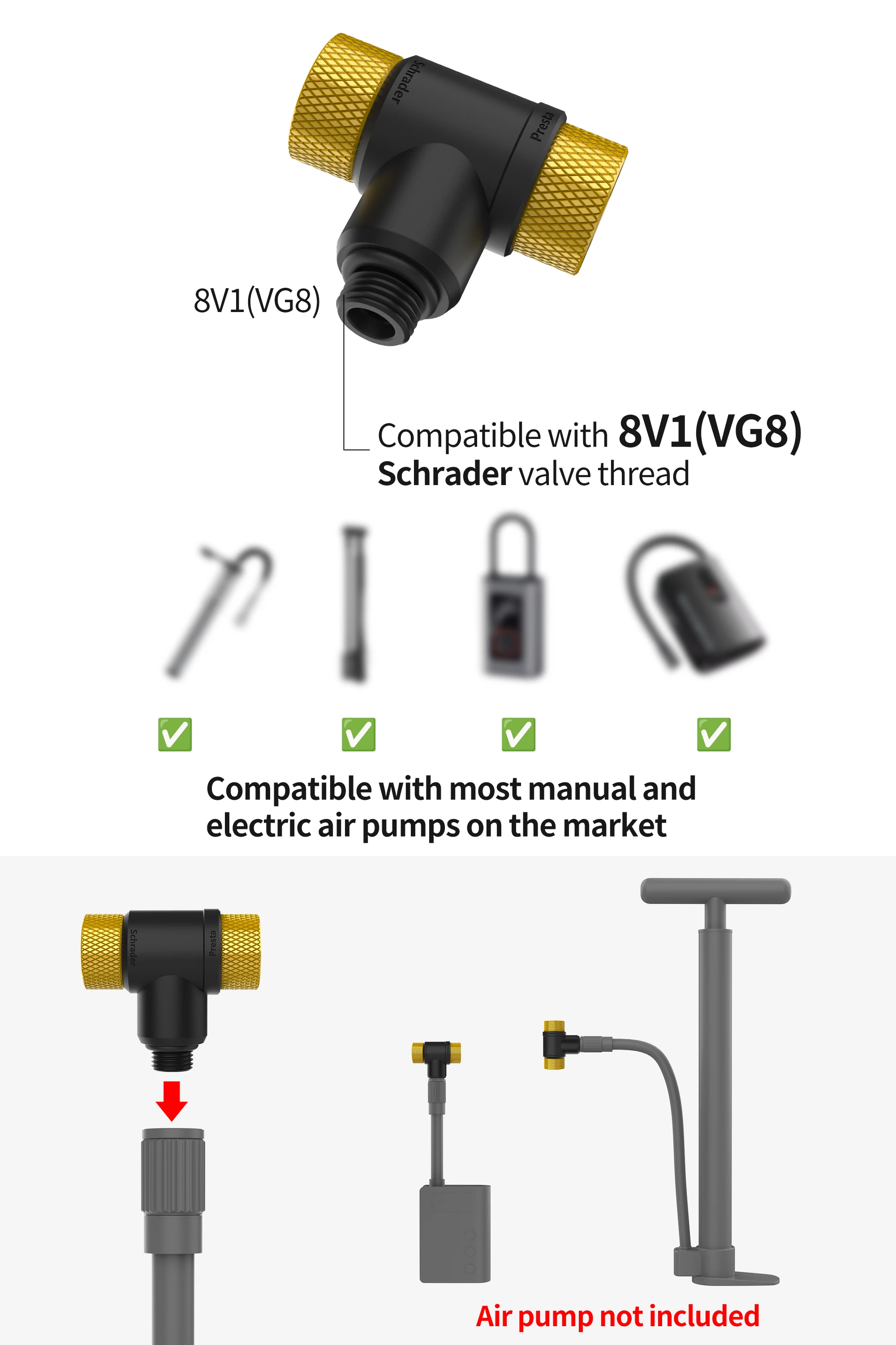 Doppelkopf-Fahrradpumpenadapter F/V A/V Schrader Presta Ventil-Konverter für Fahrradausrüstung – Detail 4