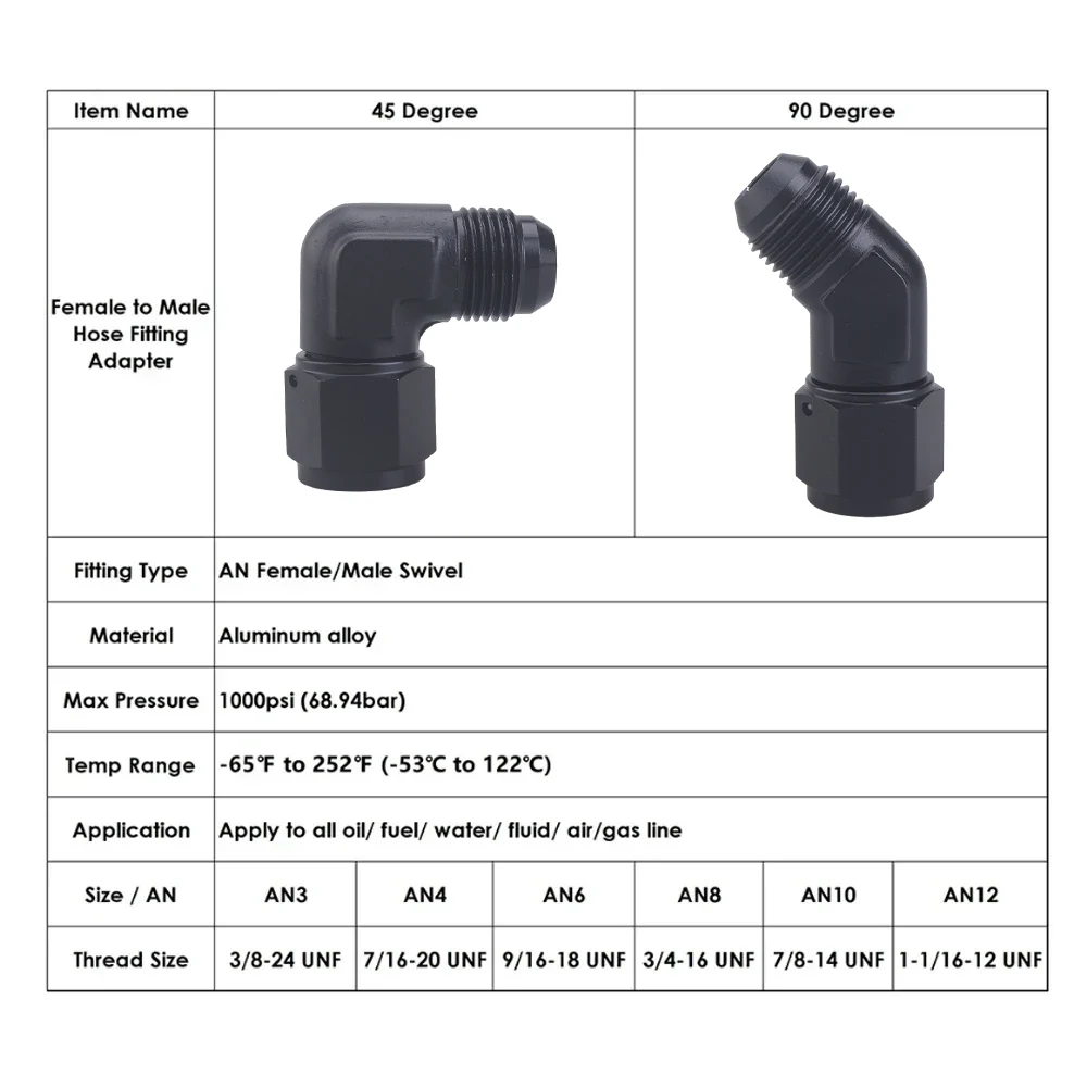 Oil Fuel Fittings Anodized Aluminum Fuel Adapter 45 Degree 90 Degree Female AN4-AN12 Swivel Adaptors To Male Black