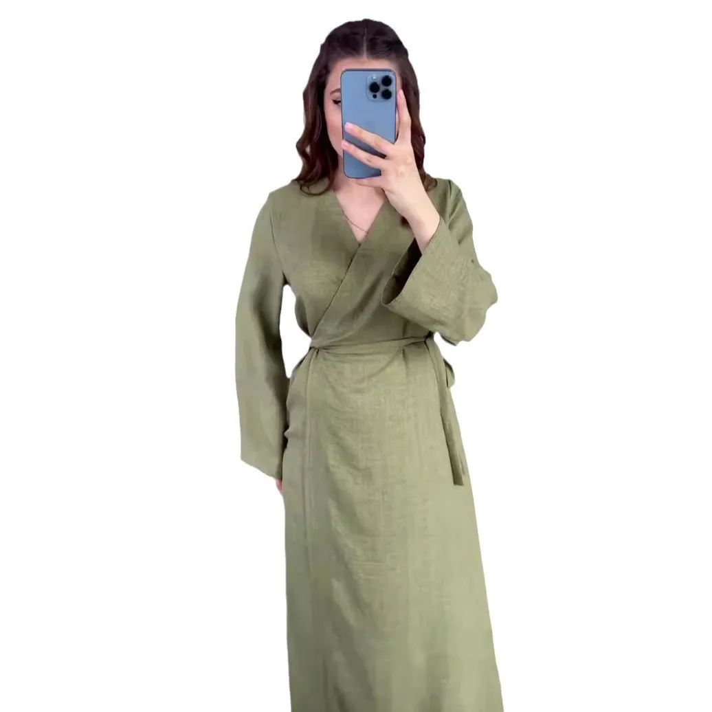 Summer V-Neck Solid Color Dress Women Long Sleeve V Neck Lace-Up Waist A-Line Long Dresses Linen Holiday Outdoor Travel Dress