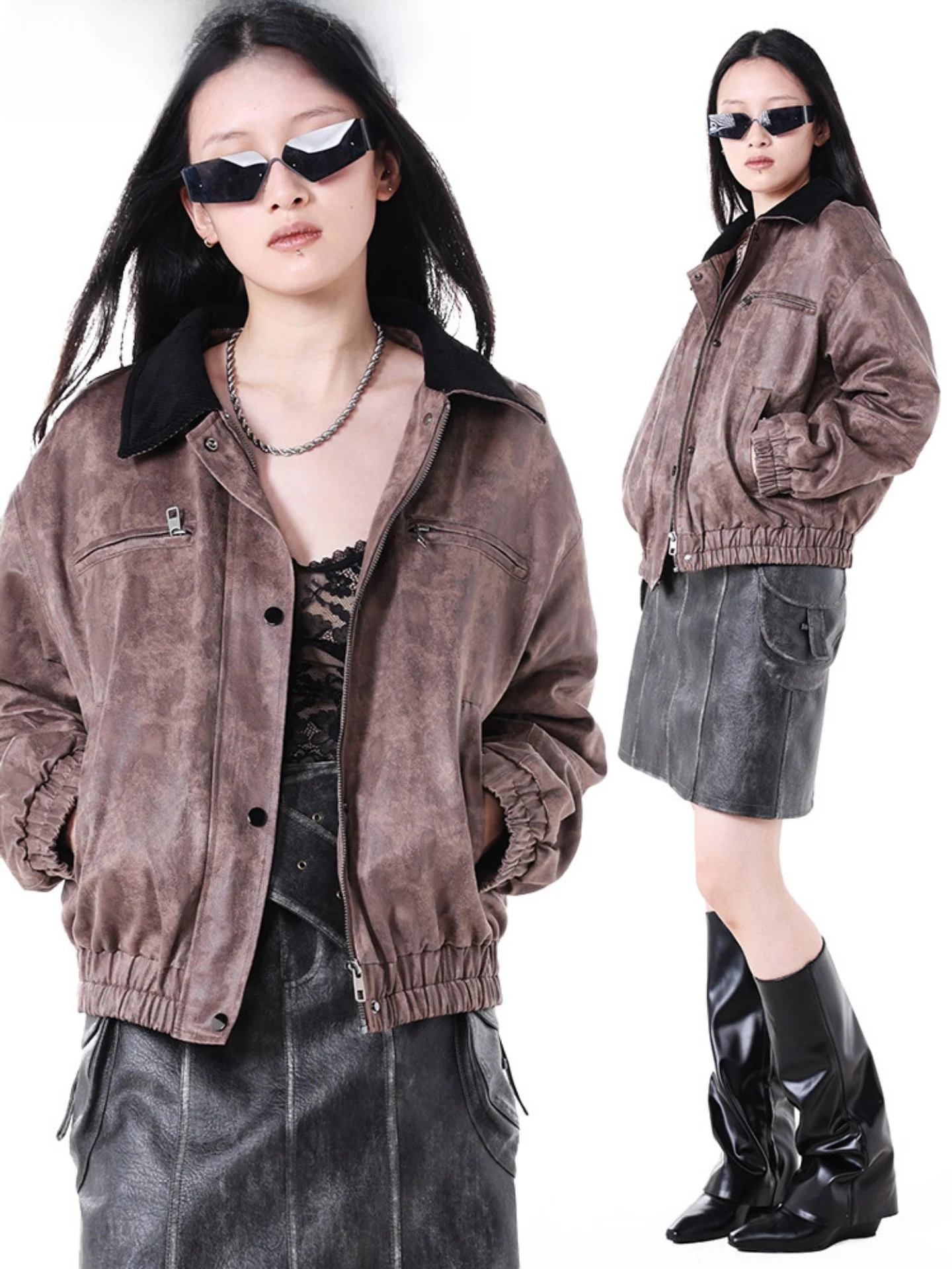 

Autumn Winter Short Cotton Jacket Women's Versatile Vintage Zipper Design Thickened Long Sleeve Pure Color Commute Style Coat