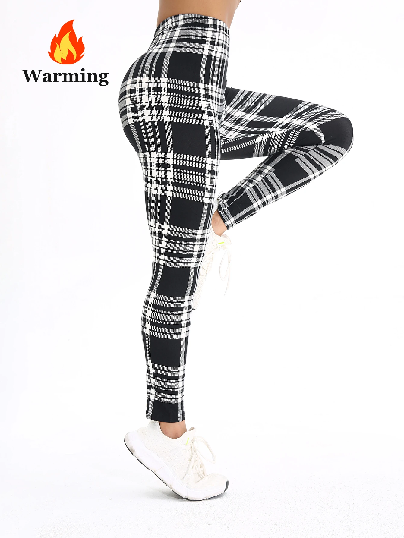 Autumn Winter 1PACK Women's Black and White Checkered Thick Velvet Sexy Tight Legging Casual Sports Elegant Fitness Yoga Pants