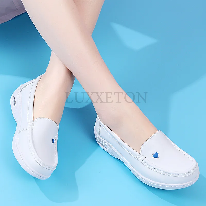 Women Flat Leather Shoes Casual White Wedge Heel Soft Sole Non Slip Caring Comfortable Mother Nurse Work Shoes