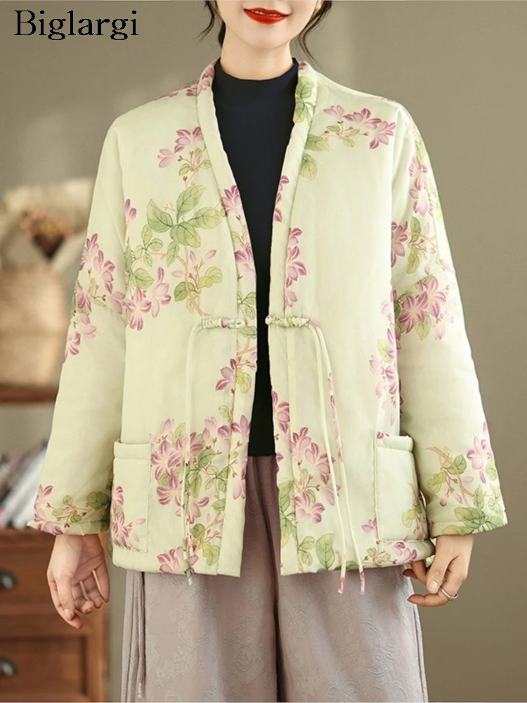 Abrigo de algodón acolchado con cuello en V para mujer, chaquetas de manga larga a la moda con estampado Floral de flores para mujer, abrigos informales holgados de talla grande para mujer