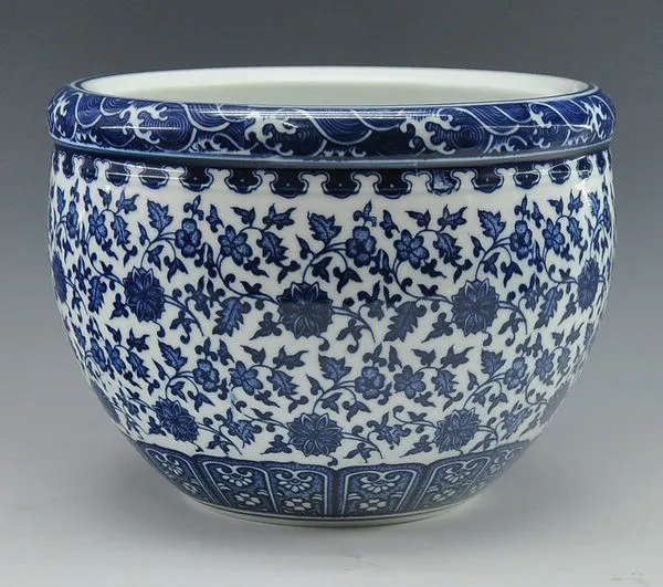 

Big Chinese Antique Qing Qianlong Mark Blue And White Porcelain Ceramic Fish Bowl Flower Pot