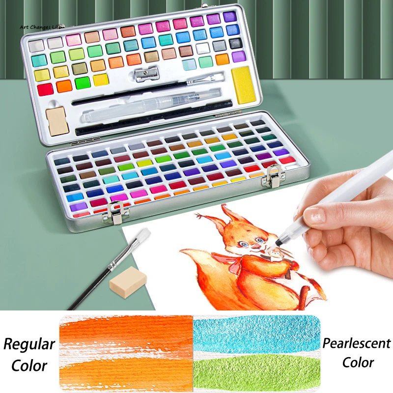 Premium 50/90/100/128/168Colors Solid Watercolor Paints Set Water Color Pigments Acuarela Basic Neon Glitter Iron Box Supplies