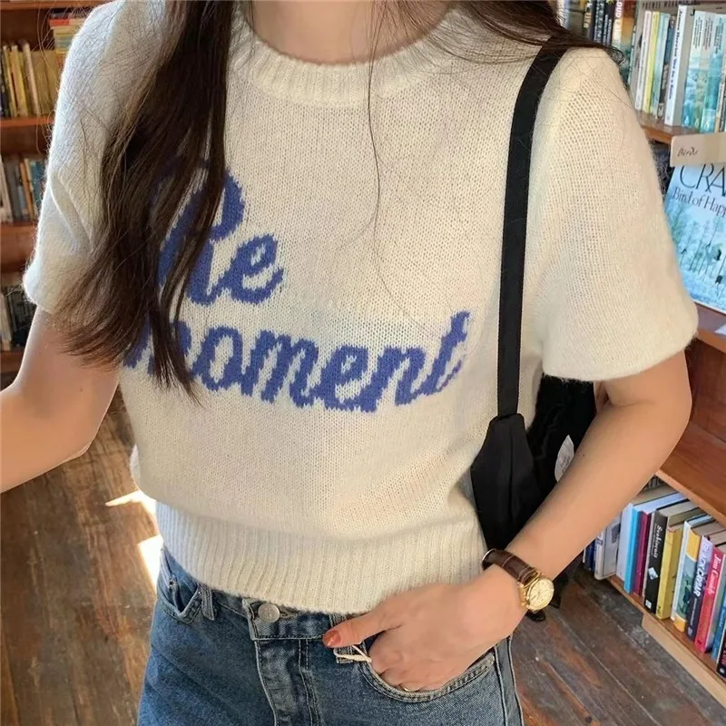 Neploe Fashion Simple O-neck Letter Print T-shirts Y2k Short Sleeve Tee Shirt 2024 Summer New White Knitted Tops Women