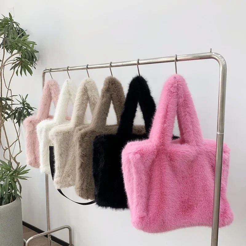 Luxury Faux Fur Women\'s Large Shoulder Bags Winter Fluffy Ladies Shopping Bag Fashion Soft Plush Female Casual Tote Handbags