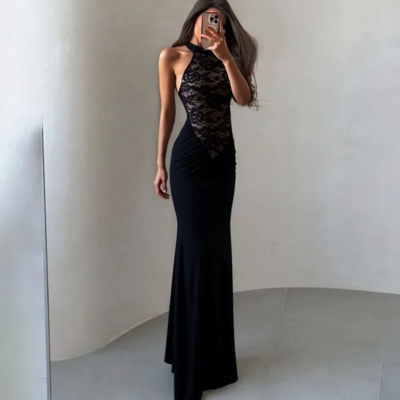 

Talenza Elegant Lace Halter Neck Dress Fashion Lace Patchwork Backless Ruffled Dress Luxurious New Women's Party Evening Dresses