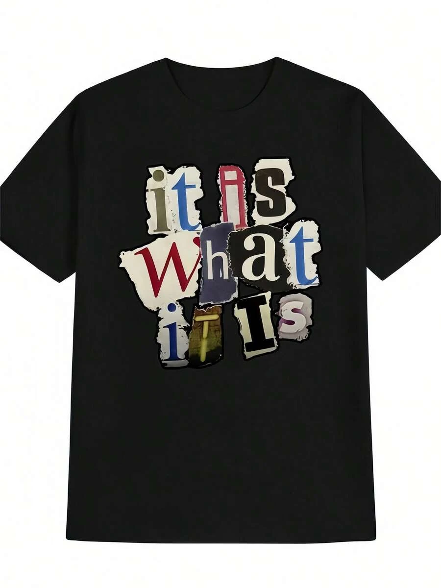 Man' Letter Collage Print Black TShirt Crew Neck Casual Cotton Tee Medium Stretch Knit Fabric Regular Fit for Boys Man