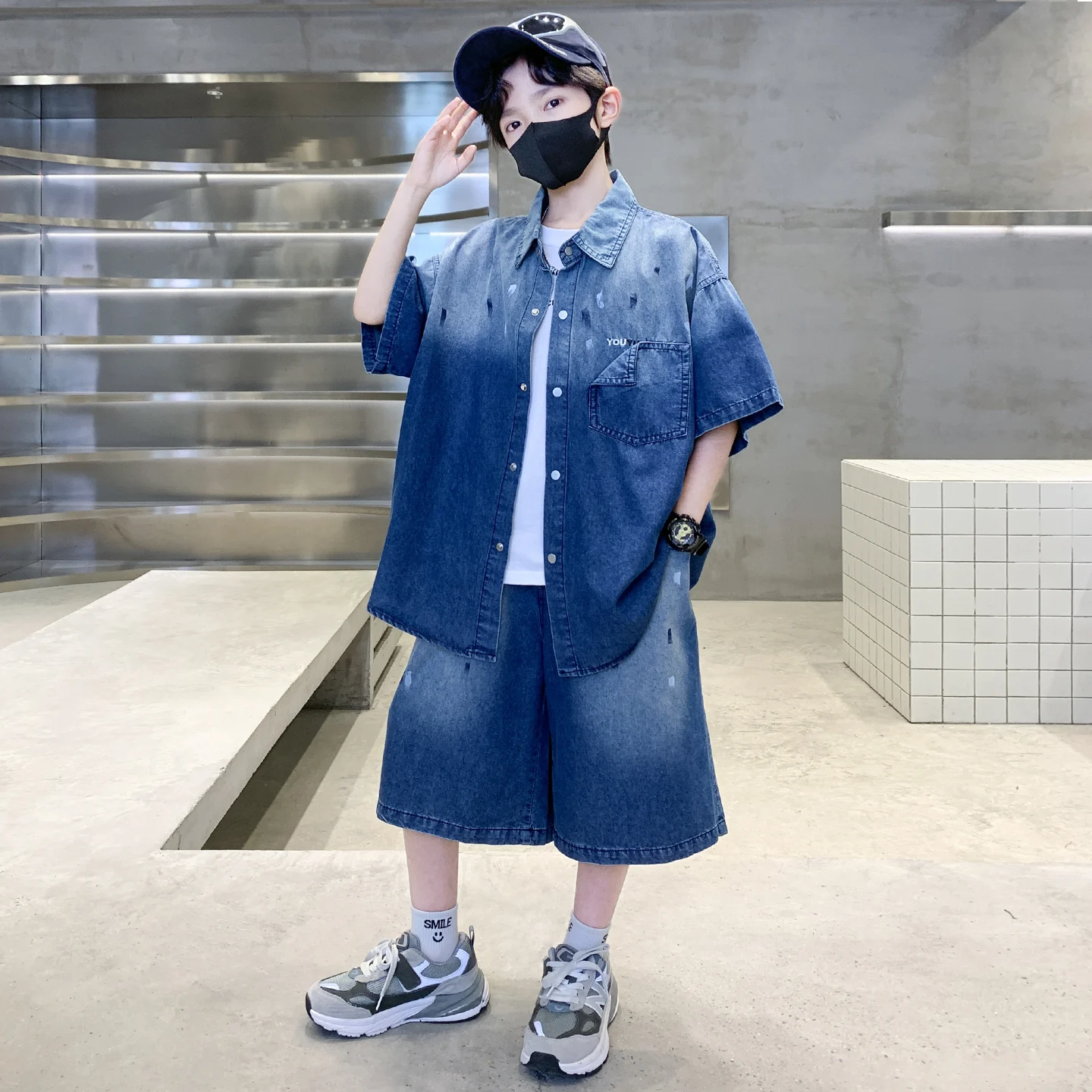 Kids Boys Fashion Gradient Denim Suit Short Sleeve Shirt + Denim Shorts 2 Piece Outfit Summer Casual Streetwear Set for 5-14Yrs