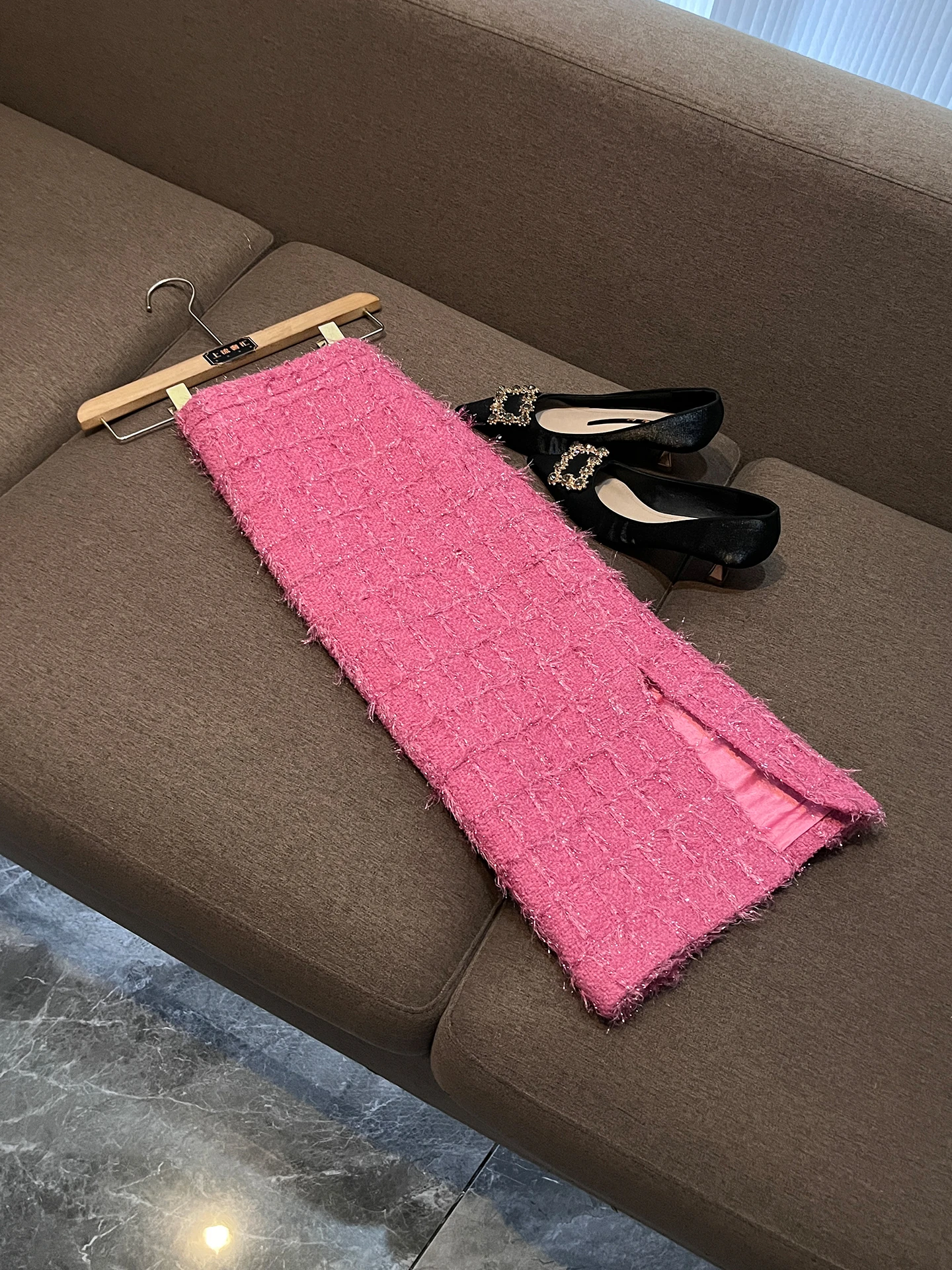 Pink Tweed Set Women's Autumn Long Skirt Half-length Coat Two-piece Set Luxury Feel P881 Long Sleeve Open Cardigan Slim Fit