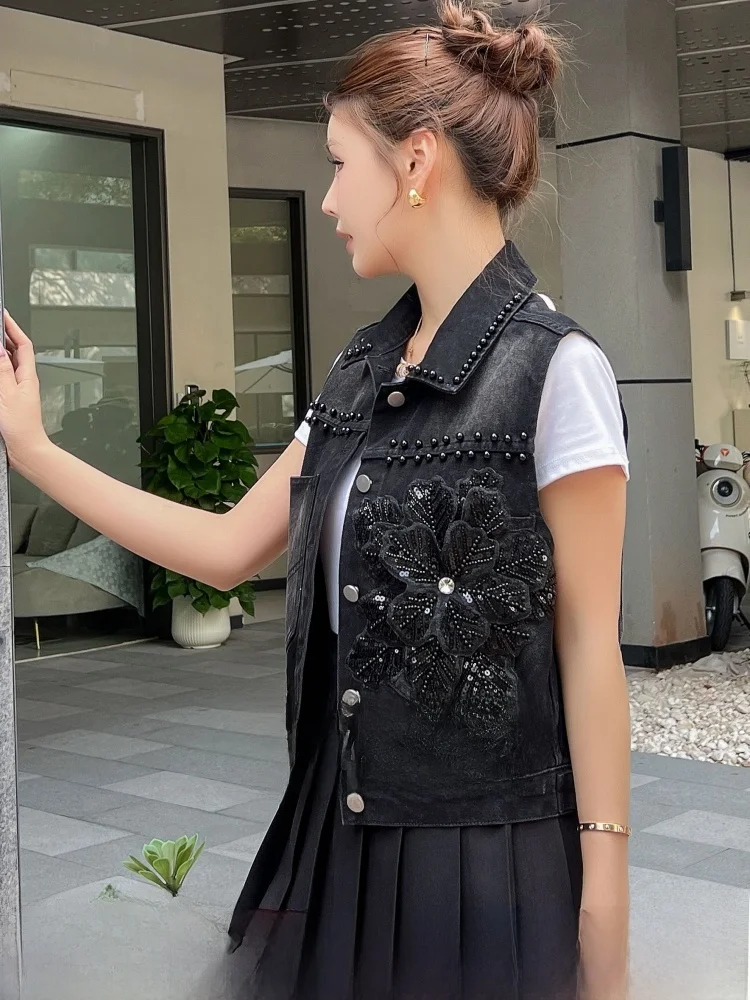 

Women's Short Fit Black Denim Vest Sleeveless Jacket Commute Style Standard Size Breathable Comfortable Water Washed
