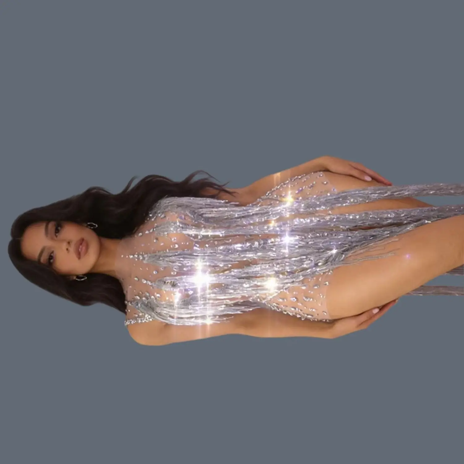 

Sparkly Silver Rhinestone Tassel Tight Fitting Bodysuit Sheer Mesh Women Sleeveless Stage Show Wear Party Latin Dance Dress Pubu