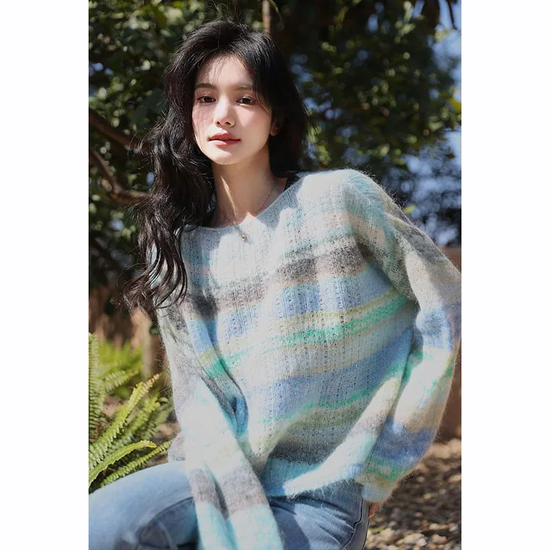 Zoki Fall Fashion Tie Dye Striped Sweaters Women Harajuku Lazy Style Knitted Sweater Pullovers Loose Casual Long Sleeve Jumpers