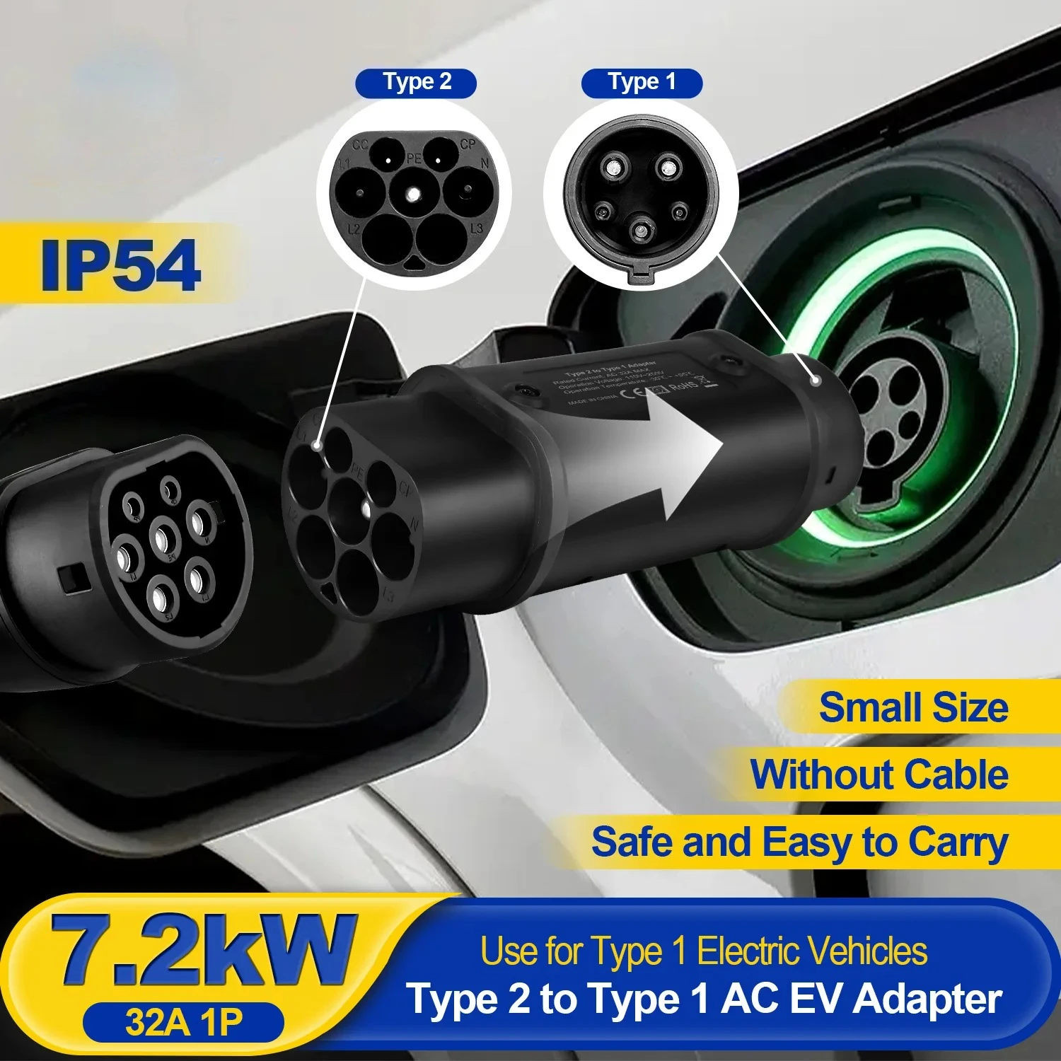 

Адаптер-конвертер для зарядки электромобилей Type2 на Type1, IEC 62196, 16А, 32А, J1772, для зарядного разъема электромобиля