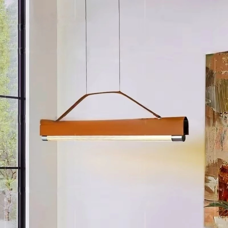 

Saddle Leather Restaurant Pendant Light Long Strip Island Taichung Ancient French Designer Home Dining Table Pendant Light