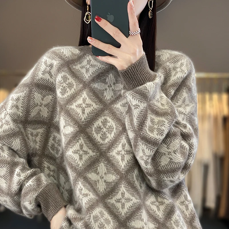 23Autumn Winter New Woolen Sweater Women's Round Neck Long Sleeve 100% Pure Wool Loose Heavy Duty Jacquard Simple Style Knitwear