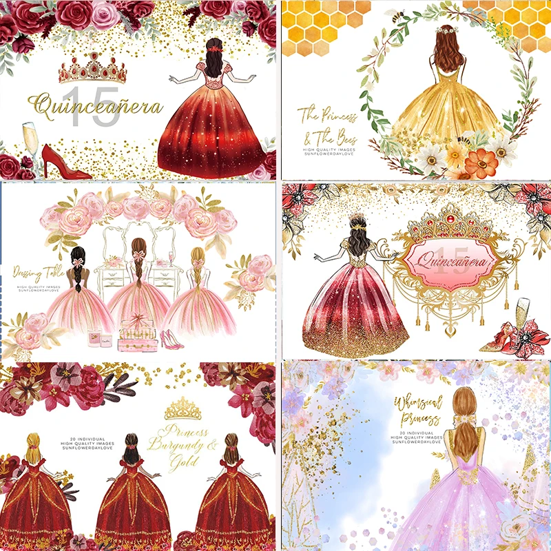 Telón de fondo con diseño Floral de princesa para decoración de fiesta, cartel de pared, personalizado, dulce, 15 cumpleaños, quinceañera, vestido