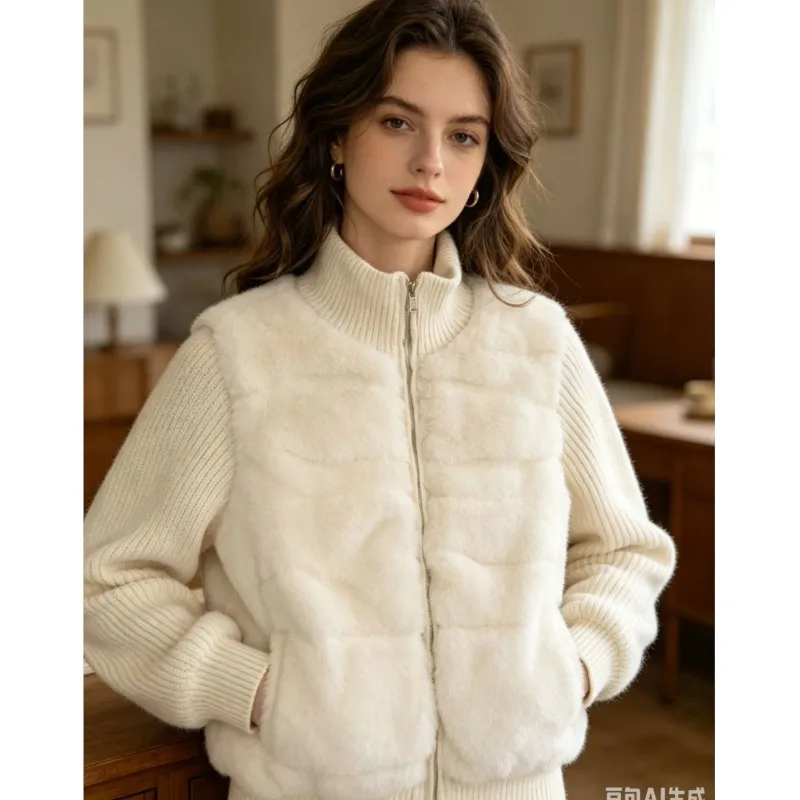 Women Faux Fur Knit Spliced Jacket Winter Warm Fashion Casual Outerwear Chic Tweed Quilted Cropped Top Winter Warm Padded Coat