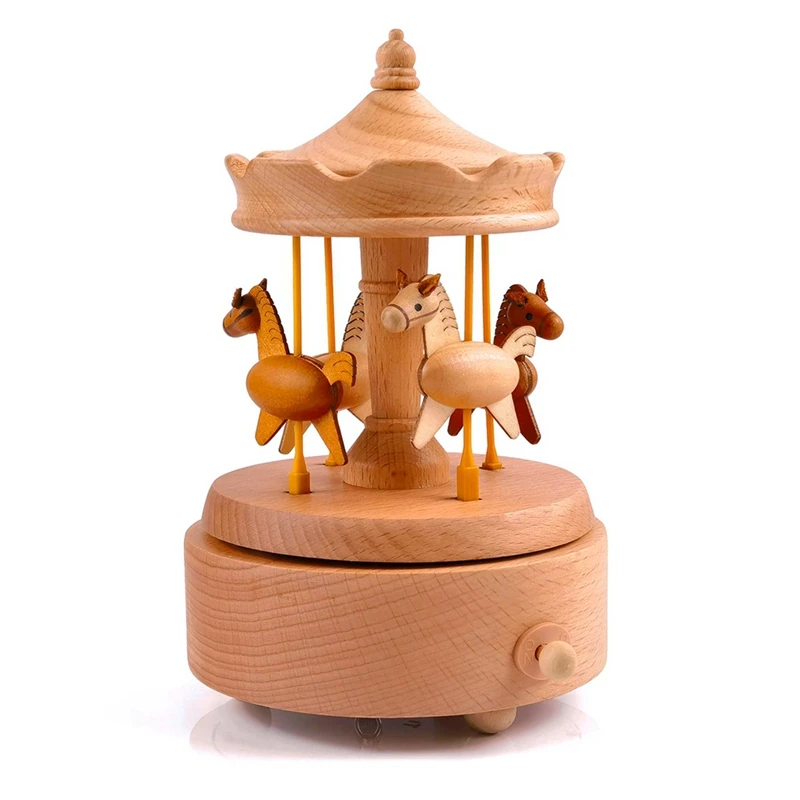 Wooden Music Box Merry-Go-Round Horse Musical Box Turn Horse Shaped Wood Crafts Birthday Gifts Home Decor