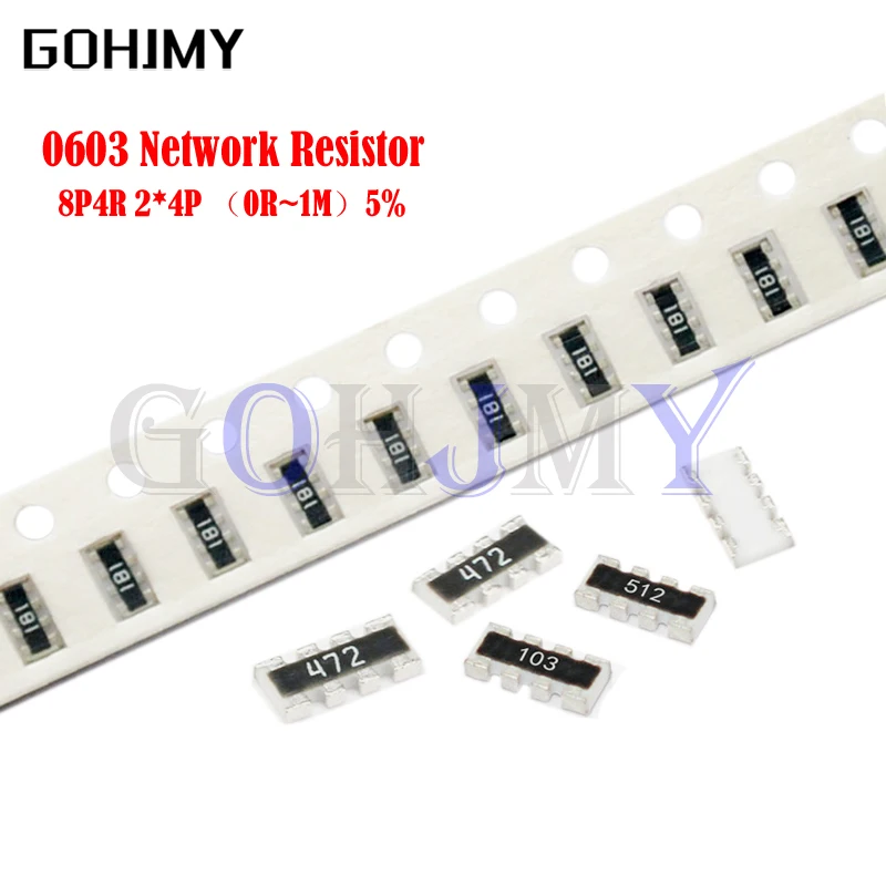 100PCS 0603*4 8P4R 2*4P Network Resistor SMD Array 0 ~ 910 Ohm 1K ~ 910K 2K 2.2K 4.7K 10K 22K 47K 100K 1M 1R 10R 100 220 470 Ohm