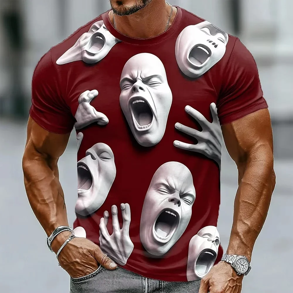 Novelty 3D Horror Faces Graphic T‑Shirt Human Hands Face Print Short Sleeve Tee Men Women Spooky Halloween Casual Tops