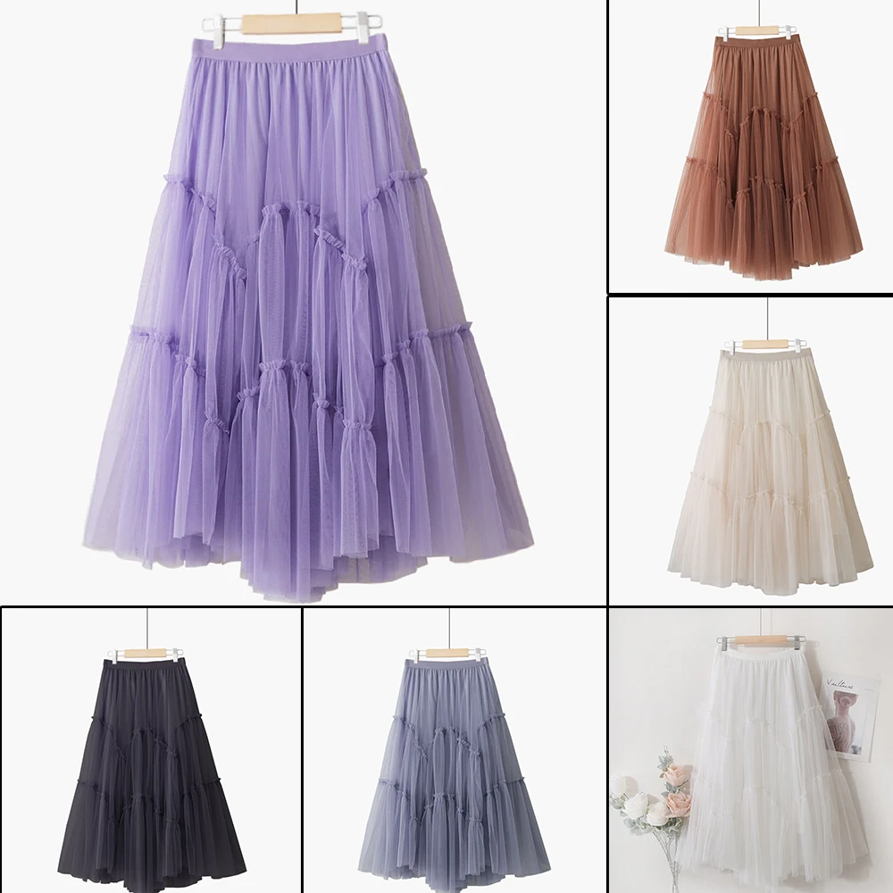 6 COLORS mesh tulle skirt Womens Vintage High Waist Skirt Solid Long Skirts Fashion Casual Tutu Skirt fairy