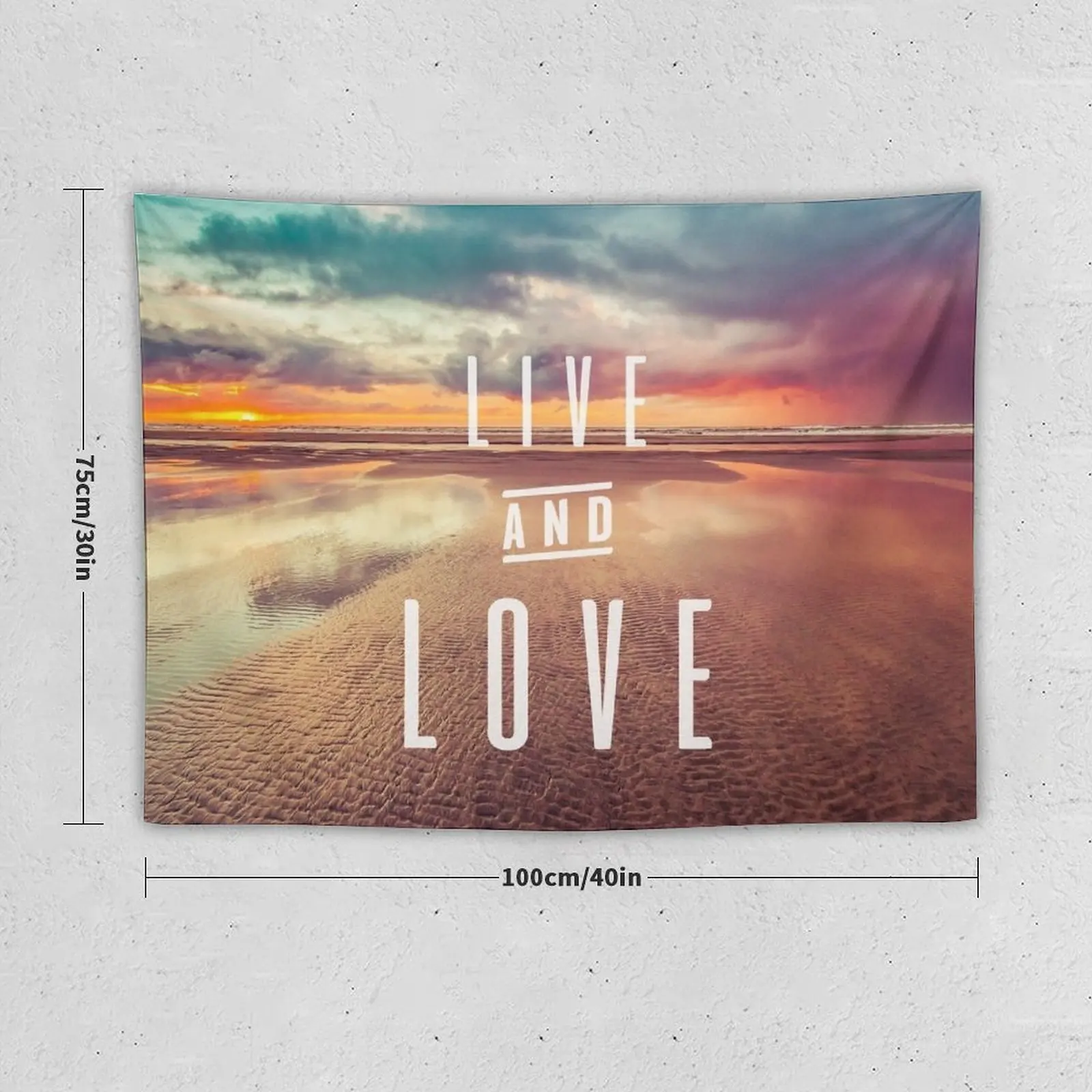 New Ocean Sea Beach Water Clouds at Sunset - Live and Love Typography Tapestry Cute Decor Wall Hanging