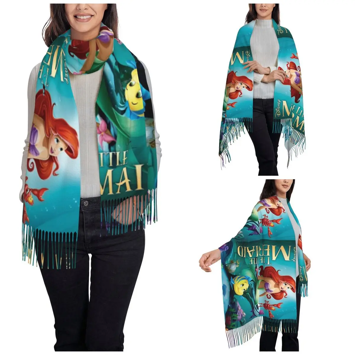 The Little Mermaid Cartoon Scarf Womens Warm Winter Pashmina Shawl Wrap Ariel Anime Princess Long Large Shawl Scarf Daily Wear