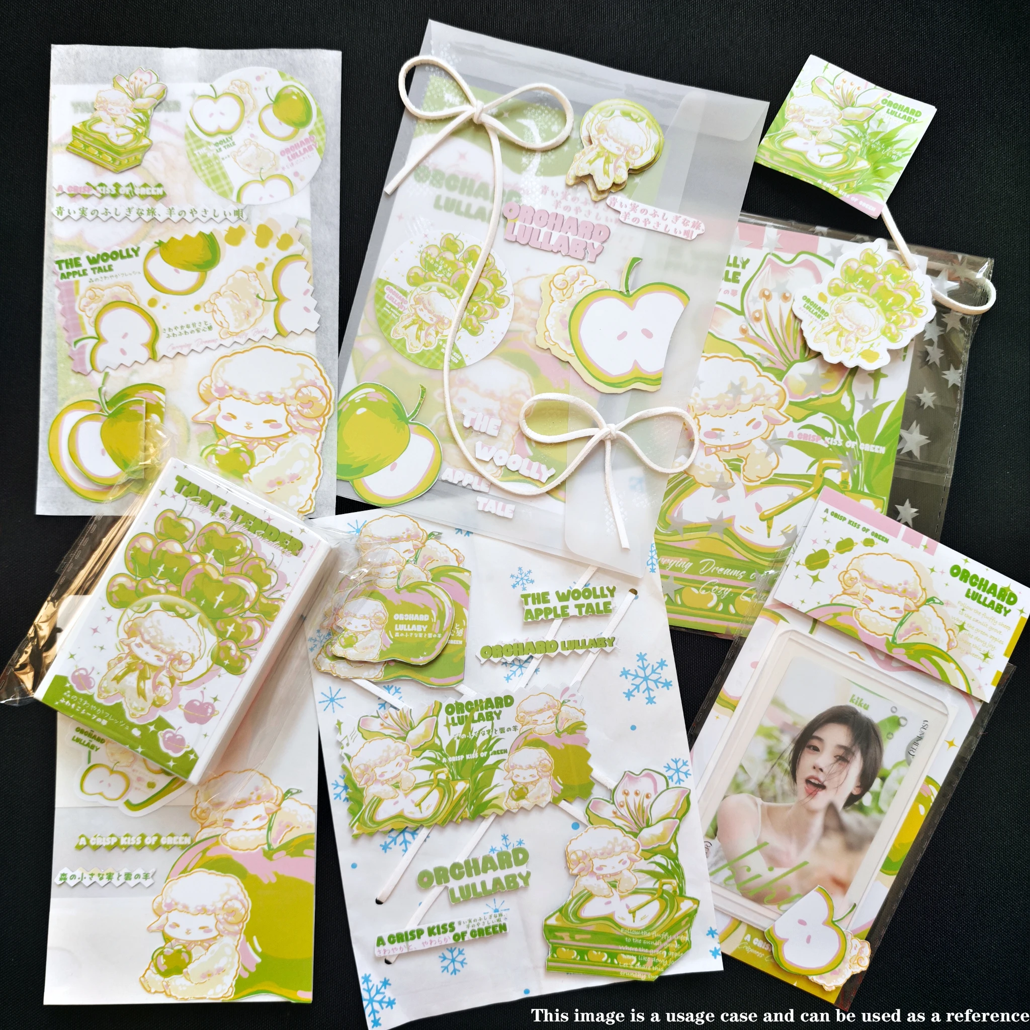 184pcs-green-apple-lamb-design-diy-packaging-decorating-set-foldable-cardstickeropp-self-adhesive-bags-used-kpopbirthday-gift