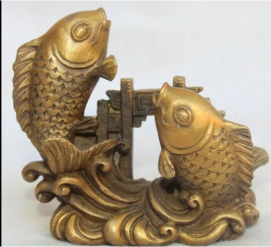 ---323+++China Chinese Fengshui Brass Foo Fu Two Fish barracuda Pass Dragon Door Statue