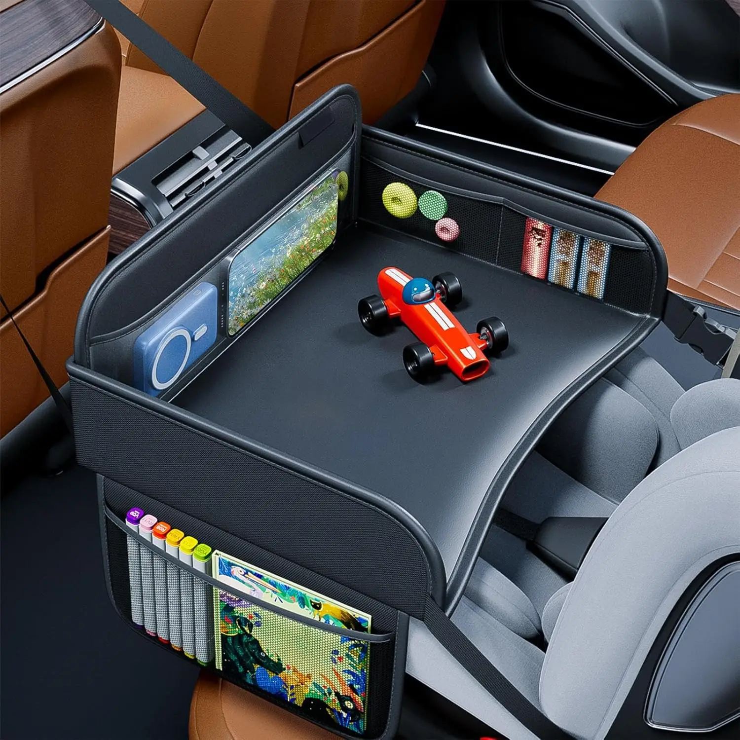 Kinder-Reisetablett mit Getränkehalter – Schoßschreibtisch aus PU-Leder für Auto, Flugzeug und Zuhause, passend für Tablets, Snacks und Spielzeuge, tragbar, faltbar