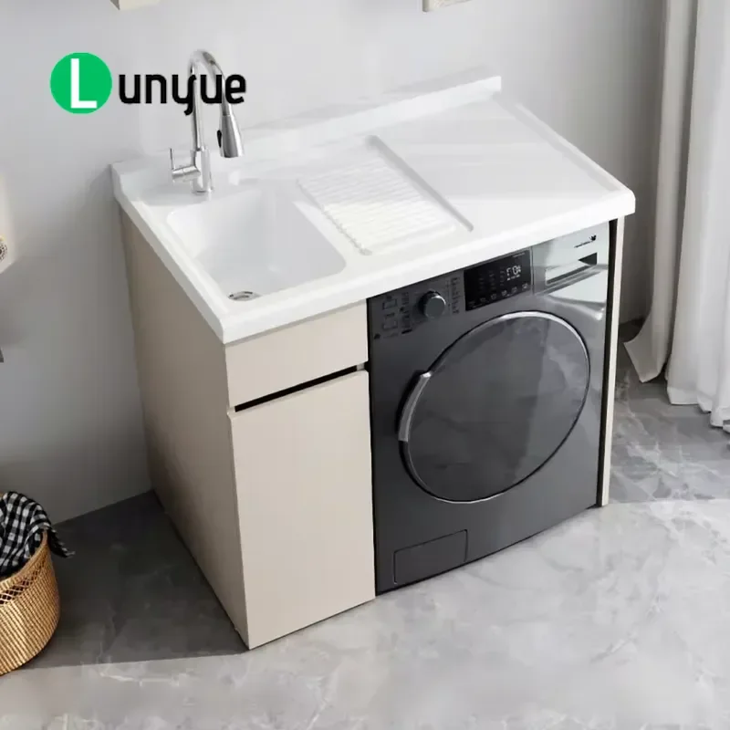 Aluminum Laundry Cabinet with Quartz Stone Basin Large Panel Integrated Washing Machine Unit for Balcony Household Use