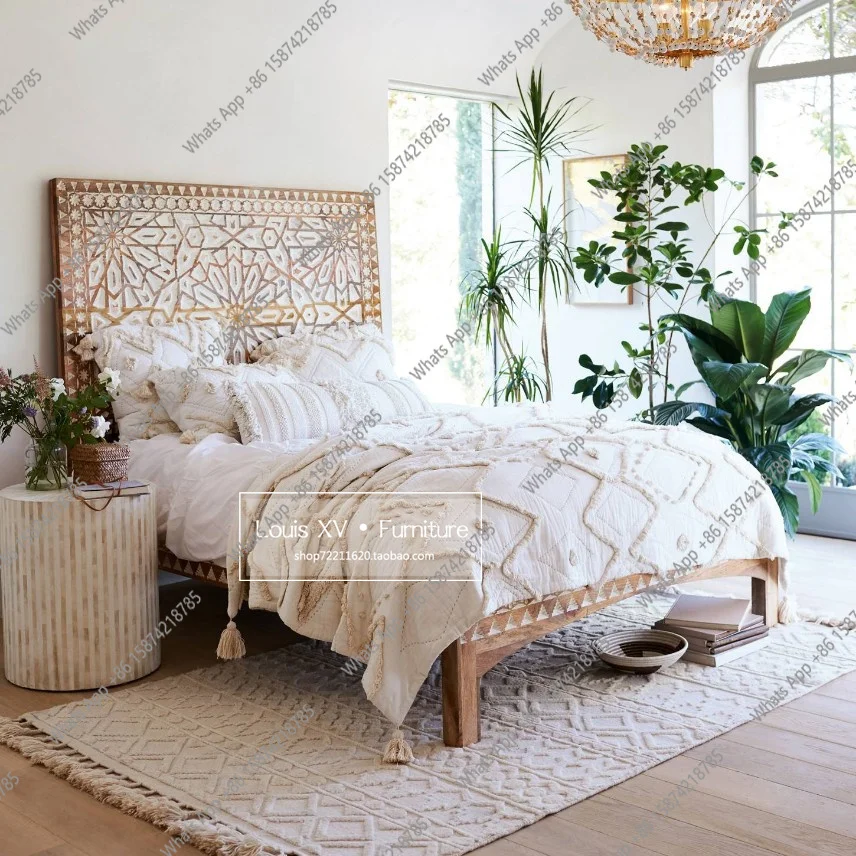 

South East Asia Thai solid wood bed hand carved high back bed master bedroom double wedding bed retro old