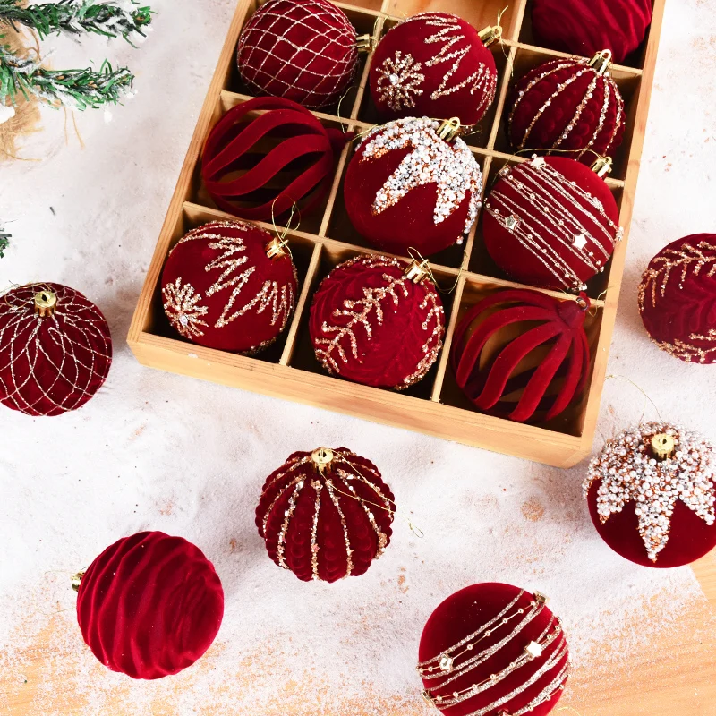 4PCS 8cm Velvet Dark Red Christmas Ball Pendant Glitter Christmas Tree Navidad Hanging Ornaments Xmas New Year Gifts