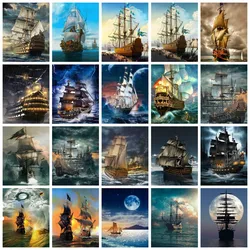 AZQSD Full Kits Diamond Painting Sailboat Landscape Handmade Needlework Wall Decor Gift Embroidery Scenery Sea Night