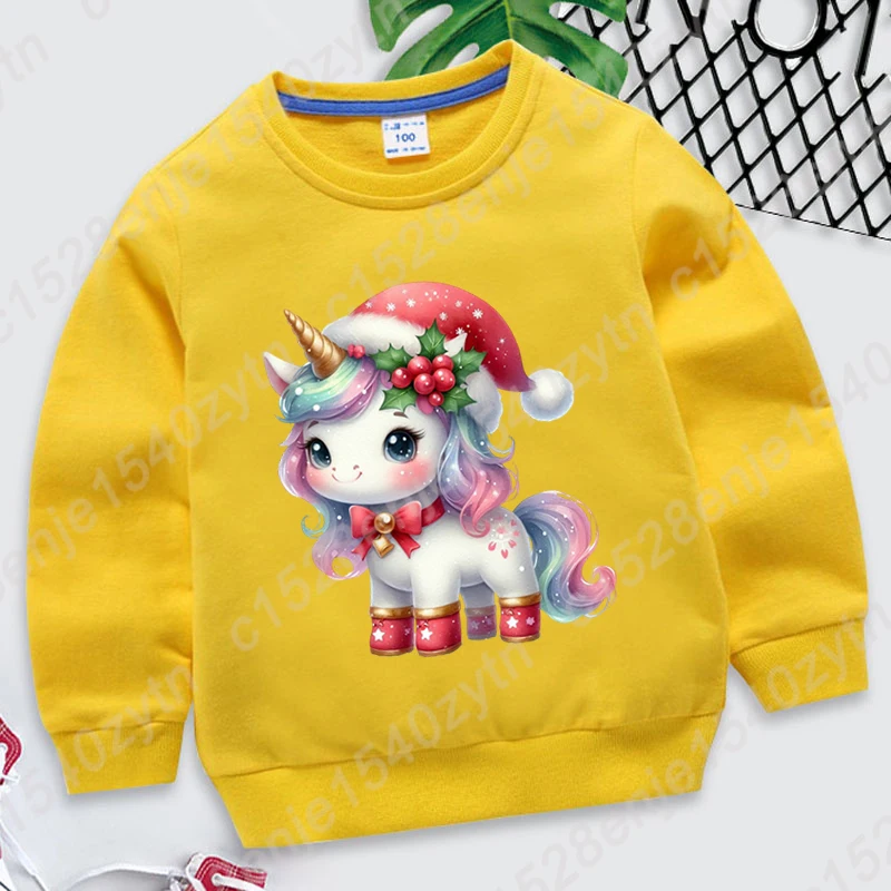 Children Hoodless Sweatshirt Christmas Unicorn Print Round Neck Pullovers Kids Boys Girls Casual Solid Color Pullovers Plus Size