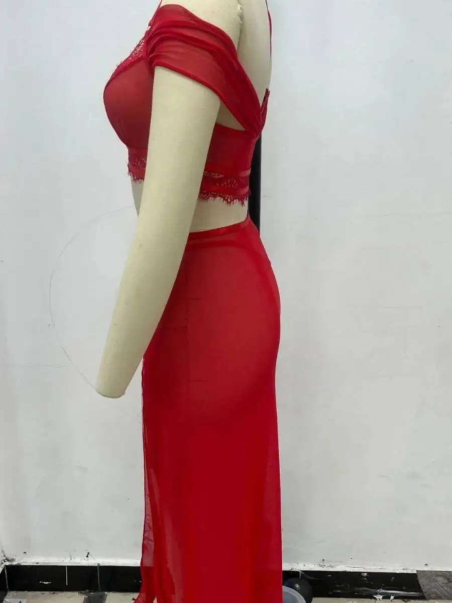 Nowa długa sukienka 2025, styl casual, seksowna, z rozcięciem, dopasowana, z przezroczystej siateczki, elegancka sukienka dla kobiet WXEA