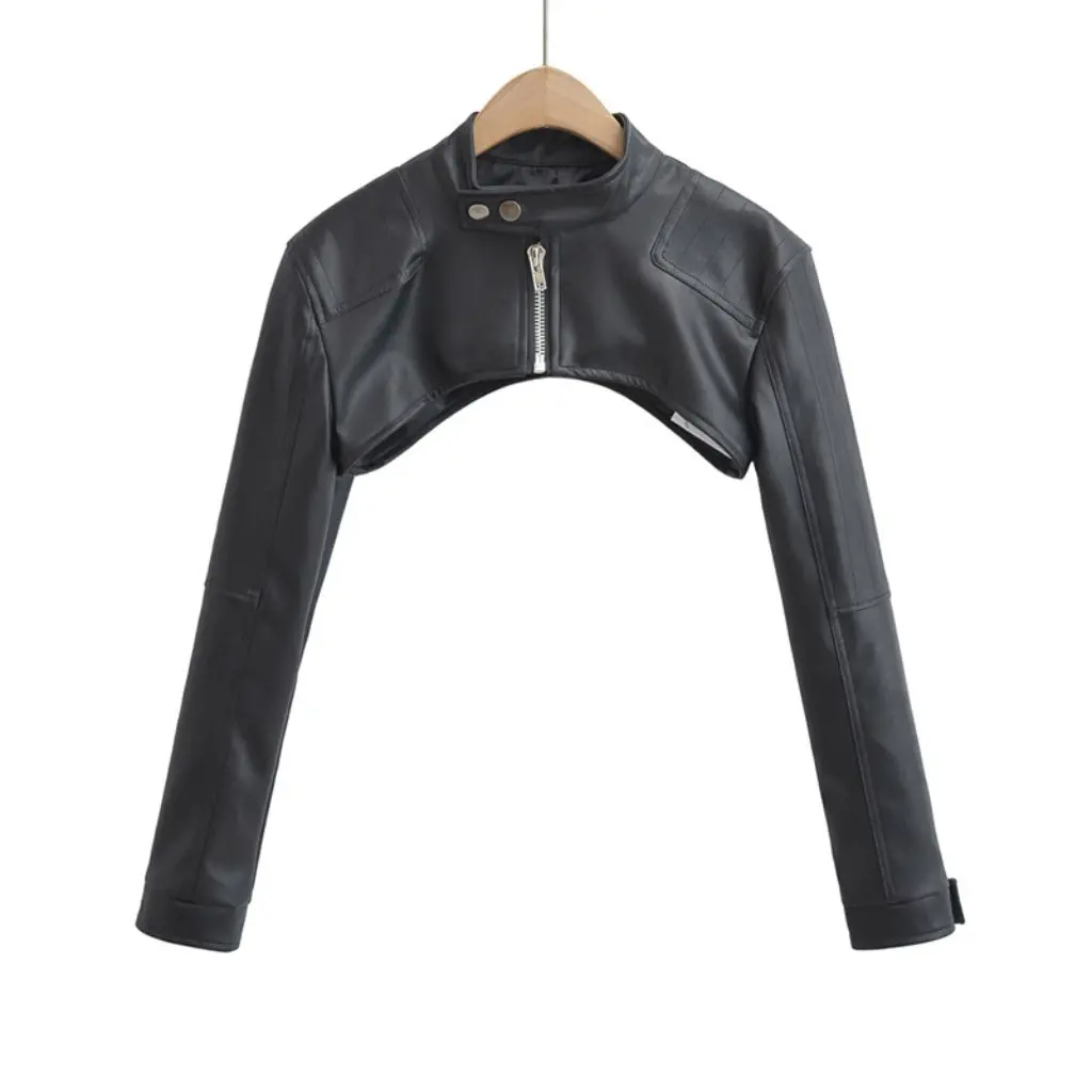Damska czarna kurtka ze skóry PU w stylu cool hot girl, stójka, zamek błyskawiczny, bardzo krótka, nowa wiosenna, modna i stylowa odzież uliczna.