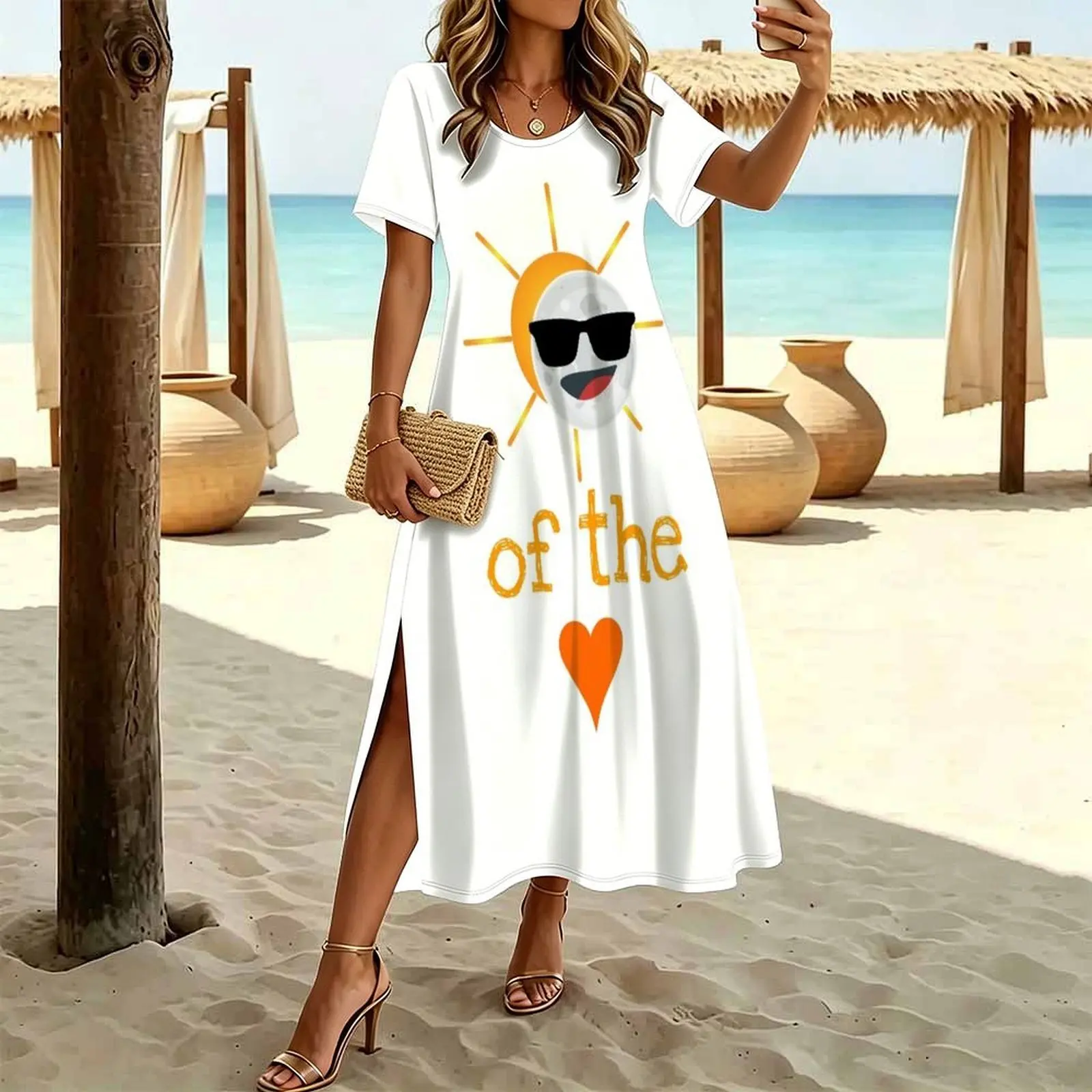 solar eclipse of the heart Women's Round Neck Short Sleeve Split Long Dress