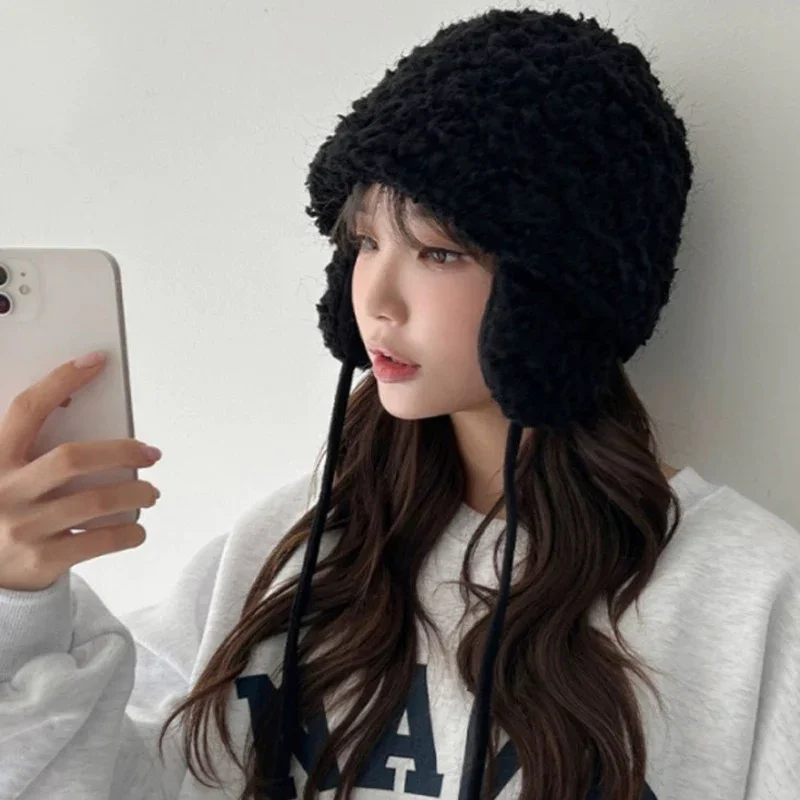 Korean Lamb Wool Ear Protection Hat for Women Autumn Winter Outdoor Japanese Thickened Keep Warm Cute Strap Russian Ski Caps