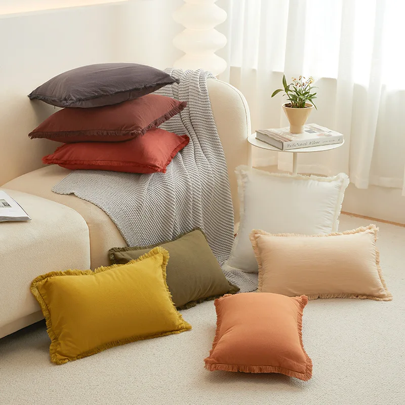 

30x50/45x45/50x50cm Simple Solid Color Throw Pillow Cover Washed Cotton Living Room Office Cushion Cover Beard Edge Pillowcase