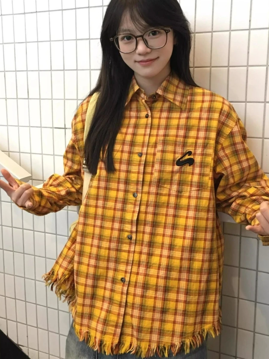 

Желтая ретро-куртка в клетку Dopane для женщин, весенне-осенняя, свободного кроя, в стиле lazy, уникальная, красивая, с бахромой, для молодежи