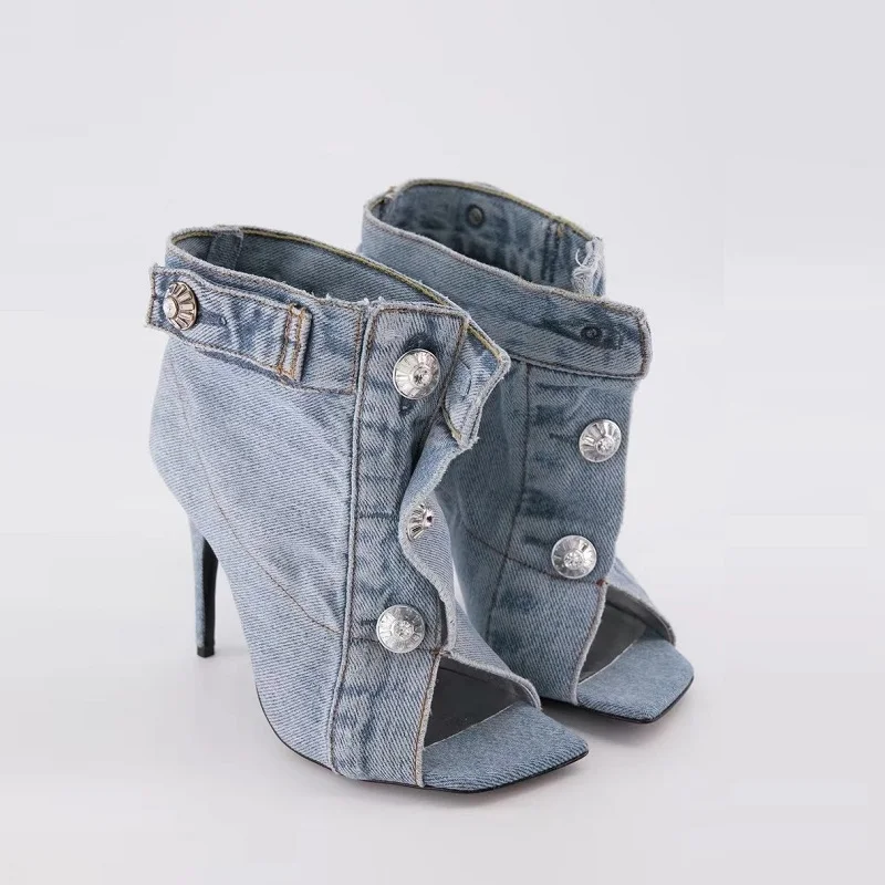 Peep Toe Sandals Summer Brand New Pocket Design Classic Blue Denim Women Buckle Sandals Stiletto Heel Woman Shoes Large Size 43