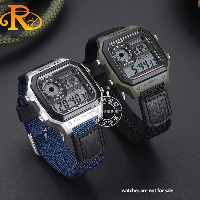 حزام ساعة من النايلون الأسود 18 ملم مناسب لساعات كاسيو المربعة الصغيرة AE1200/1300 SGW400 AQ-150W A158W A168 حزام ساعة قماش